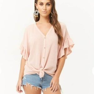 NWOT Ribbed tie front flutter sleeve ruffle top